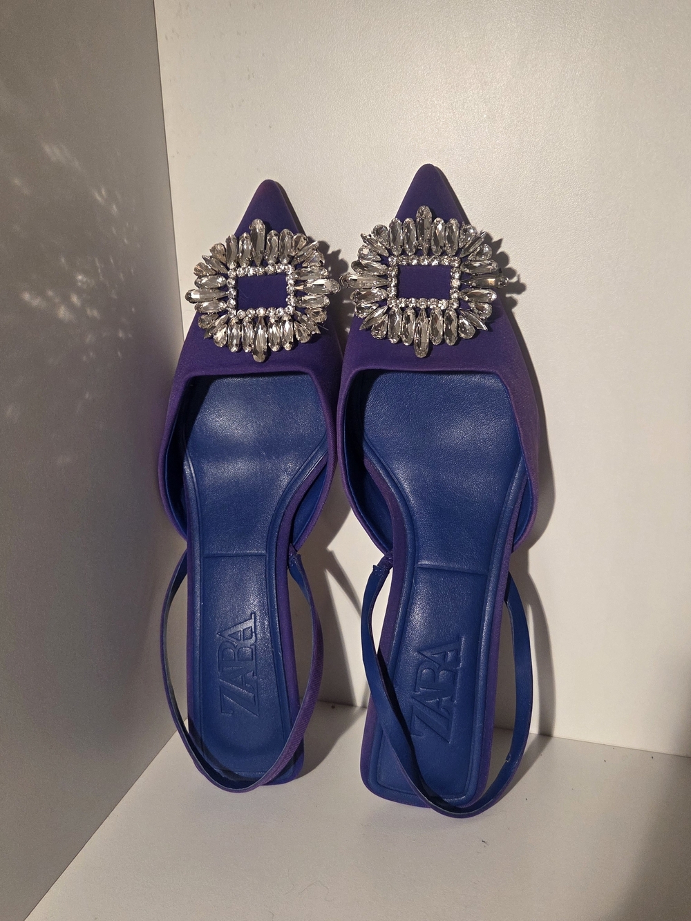 Zara Blue/Purple Embellished Pointed-Toe Slingback Kitten Heels Size 38